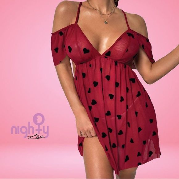 Heart Print Ruffle Mesh Slip Lingerie - Picture 1 of 7